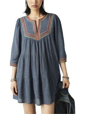NWT ba&sh Ciana Boho Embroidered Tiered Mini Dress Blue Jeans Size 3 L
